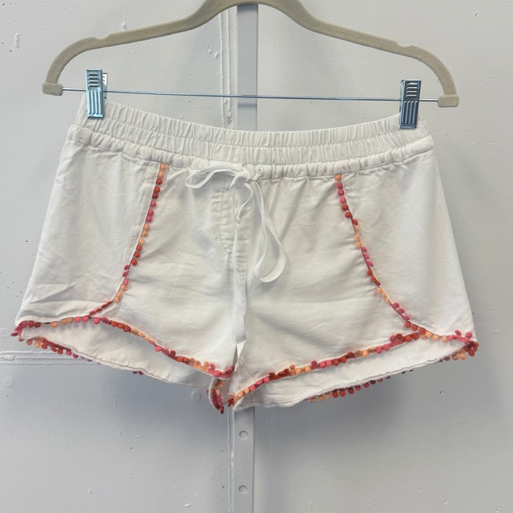 Loft Outlet Pom Pom Trim Drawstring Shorts XS Cotton Rayon White Resortwear